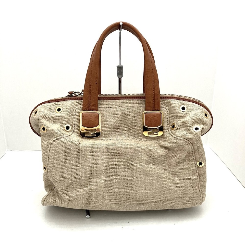 Fendi Handbag Linen Beige Brown